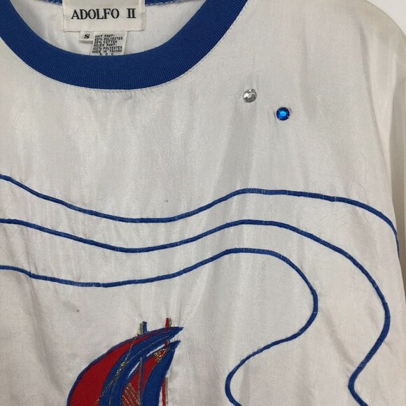 Adolfo 2 vintage white & blue nautical banana boat retro 90s longsleeve shirt S - Picture 4 of 11